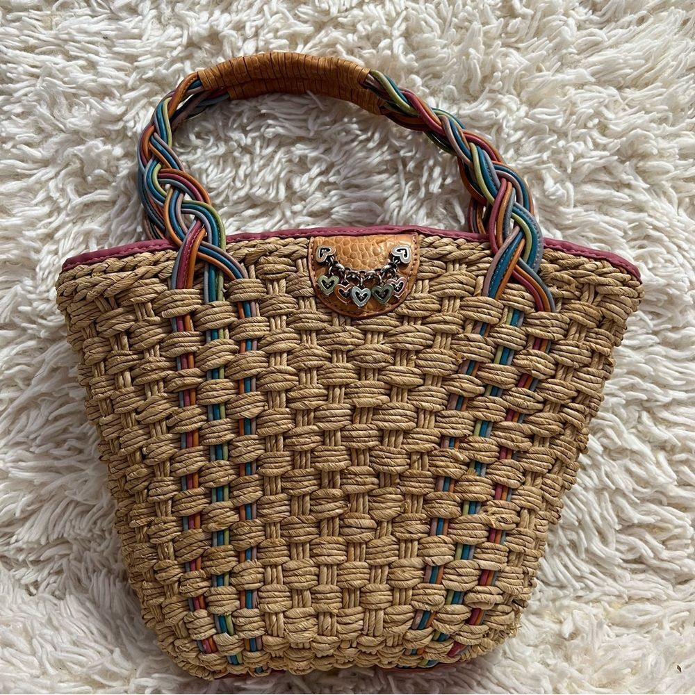Brighton small straw handbag with multi colored pastel braided handles